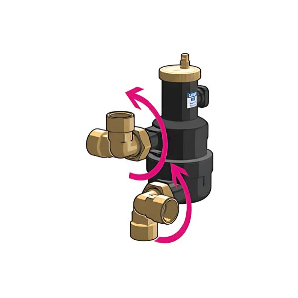 Illustration du Caleffi HED avec les différentes configurations de montage et le sens de circulation du fluide