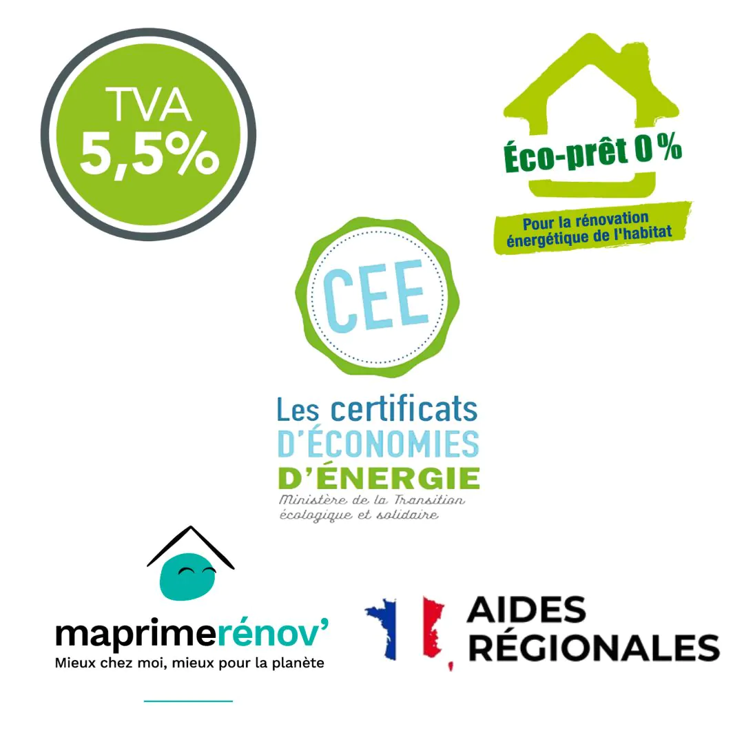Aides financi&egrave;res pour les travaux de r&eacute;novation &eacute;nerg&eacute;tique : MaPrimeR&eacute;nov', &eacute;co pr&ecirc;t &agrave; taux z&eacute;ro, certificats d'&eacute;conomies d'&eacute;nergie (CEE), TVA r&eacute;duite &agrave; 5,5% et aides r&eacute;gionales.