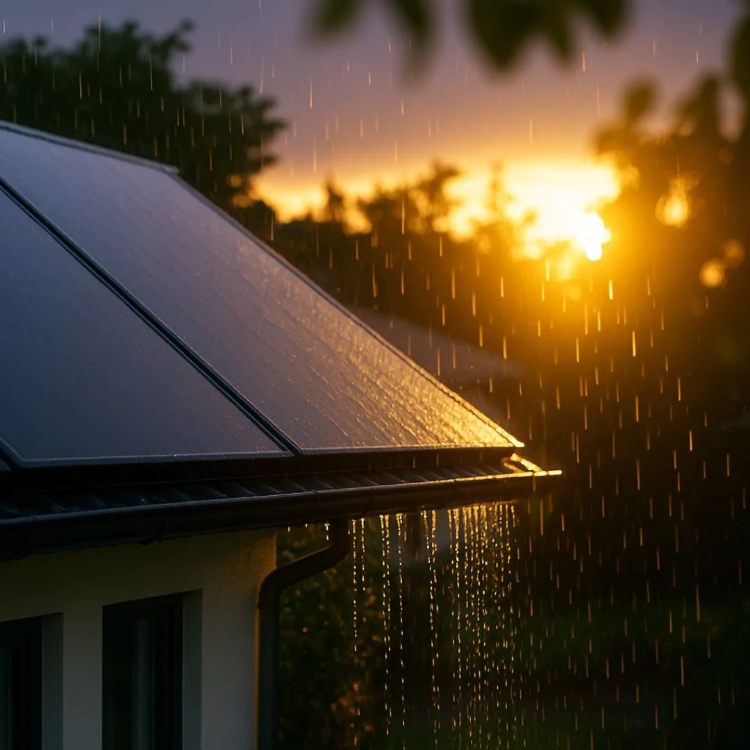 Toiture &eacute;quip&eacute;e de panneaux solaires thermiques sous une pluie d'&eacute;t&eacute; au coucher du soleil