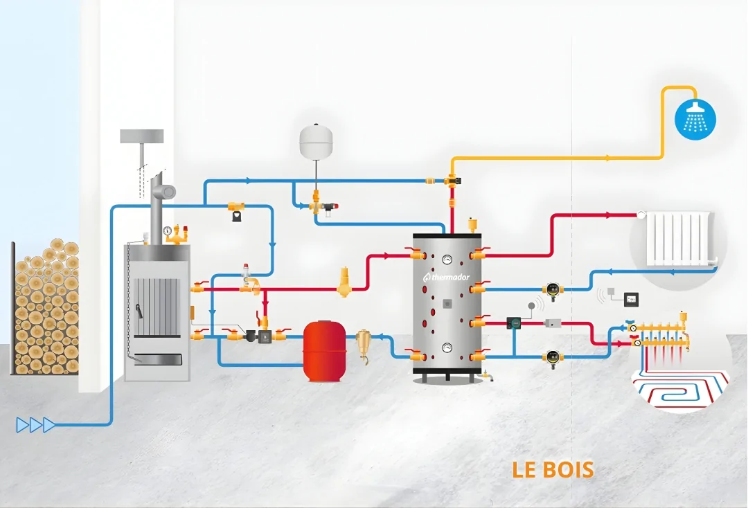 Sch&eacute;ma d&rsquo;installation biomasse avec chaudi&egrave;re bois pour chauffage et production d&rsquo;eau chaude sanitaire